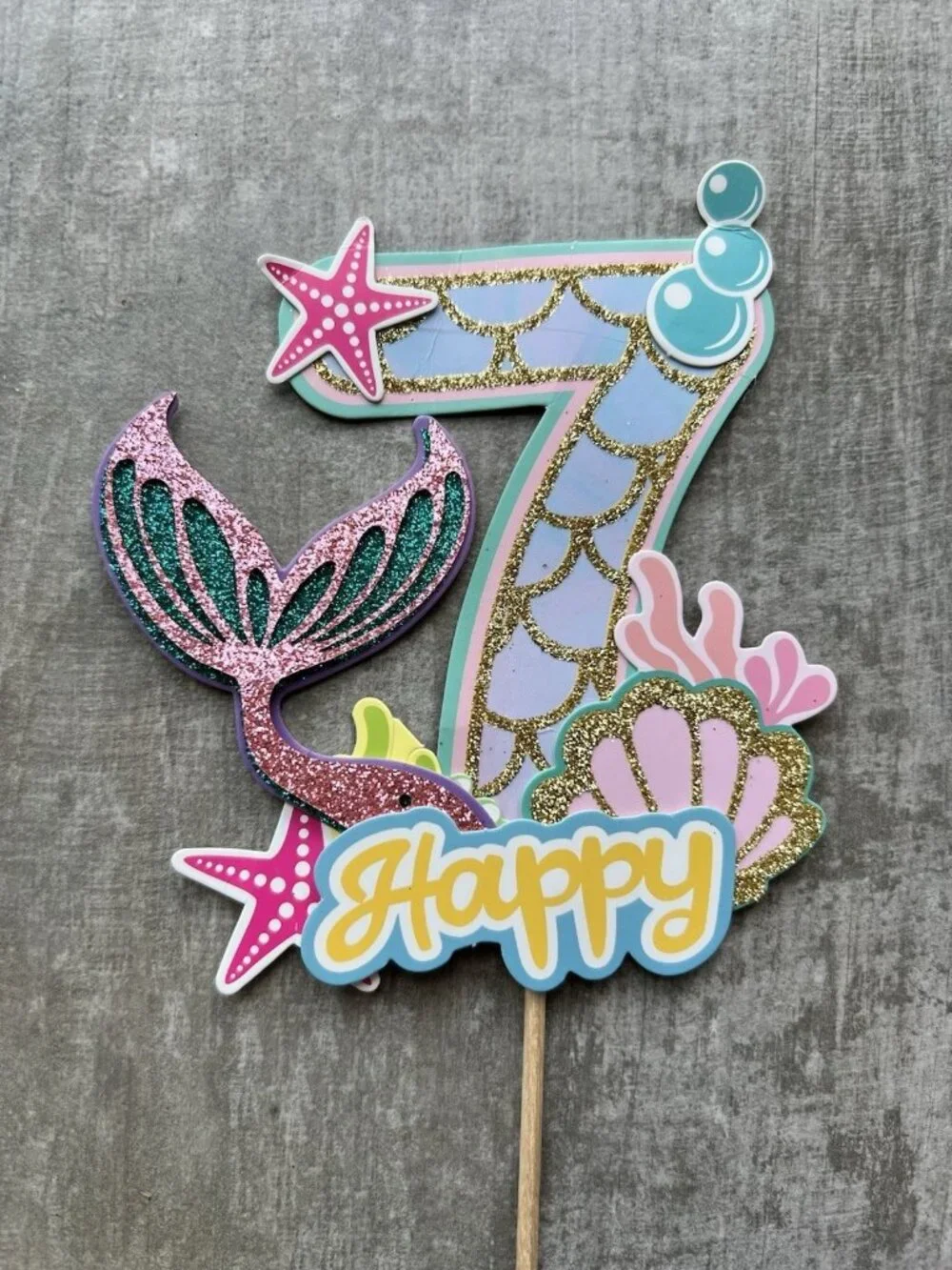 1 PCS Mermaid 7th Happy Birthday Cake Topper Glitter Decoration Party NEW